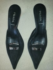 PRADA Black Suede Pointed Toe Slip On Kitten Heel Mules, Metal Accent, EUR 40