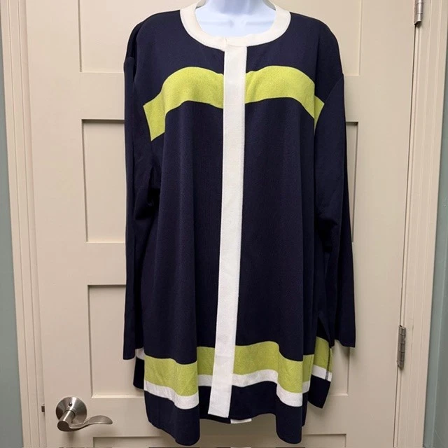 Exclusively MISOOK Sz 3X Navy Blue + Lime Green Open Front LONG Knit Cardigan - Image 2 of 4
