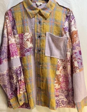 POL Patchwork Button Up Shirt Women’s Small Boho Mixed Print Plaid Floral Cotton