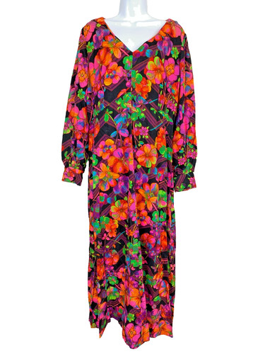 60s/70s Vintage Maxi Dress Bright Colorful Floral Psychedelic Long Sleeve Groovy