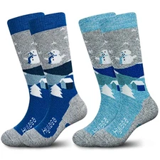  Merino Wool Ski Socks Kids, Knee-high Warm Thermal X-Small Grey Blue (2 Pairs)