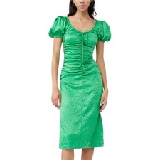 Ganni Green Crinkled Satin Ruched Puff Sleeve Midi Dress EU 36