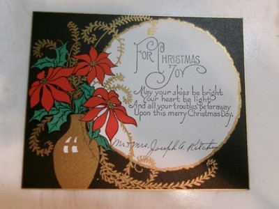 Vtg Christmas Card ATTRACTIVE Poinsettias in GOLD VASE Gold Trim Env 1929