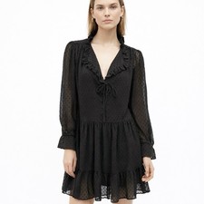 H&M Babydoll Dress SIZE 10 Black Sheer Swiss Dot Ruffle Collar Soft Goth Romance