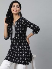 Indian Women Black White Pure Cotton Printed Top Tunic Kurta Kurti New Dress