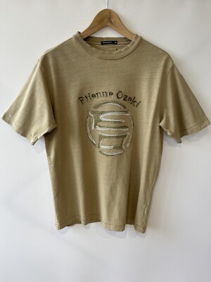 Etienne Ozeki Beige Logo T Shirt Size Medium Y2K Crew Neck Etienne Ozeki Beige Logo T Shirt Size Medium Y2K Crew Neck