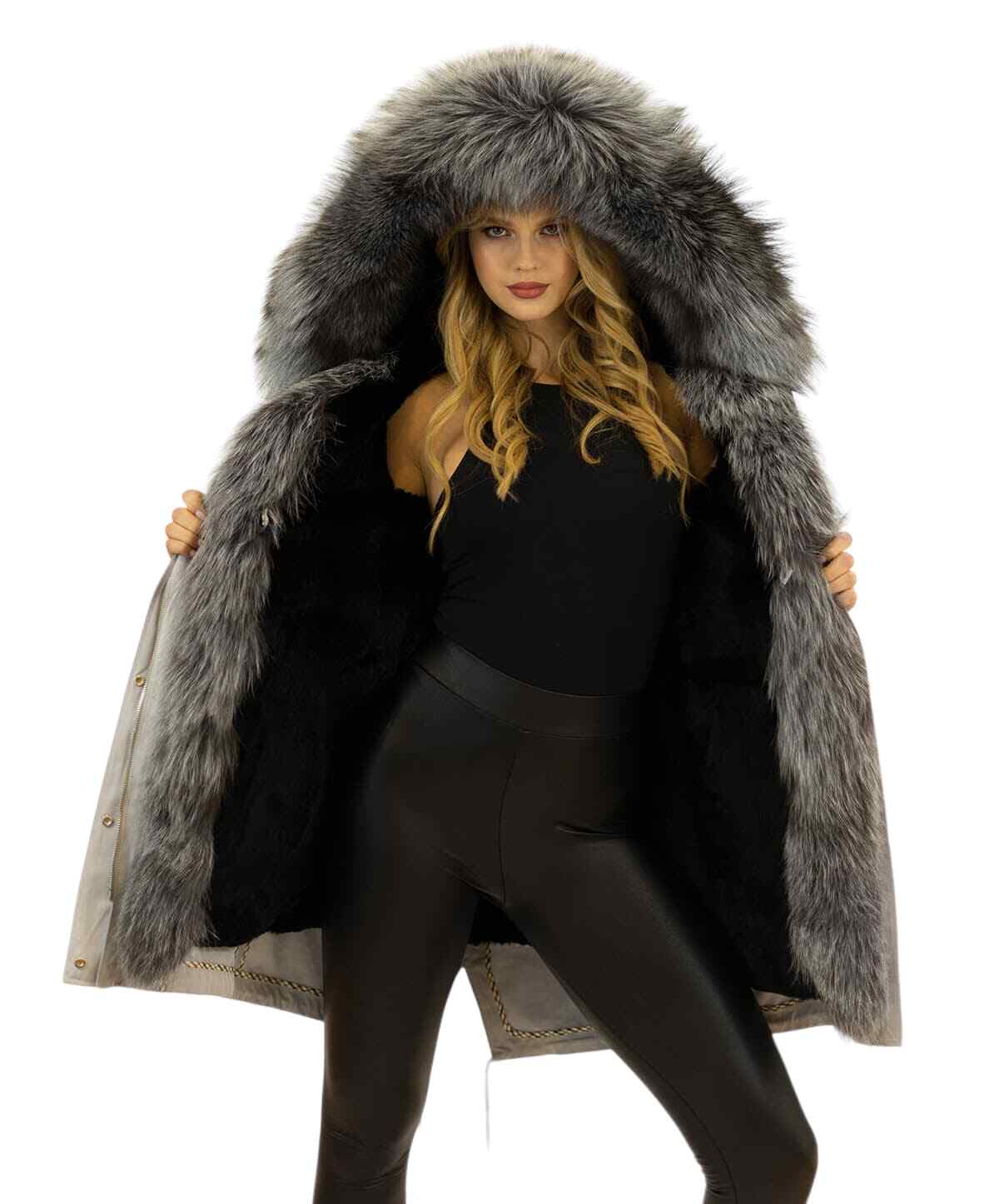 Winter Parka Mantel Jacke mit Silberfuchs XXL Pelzkragen Echtfell Echtpelz Pelz