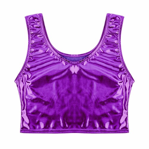 Women Tank Crop Top Shiny Metallic Scoop Neck Vest Fashion Bustier Blouse Shirt - Picture 33 of 114