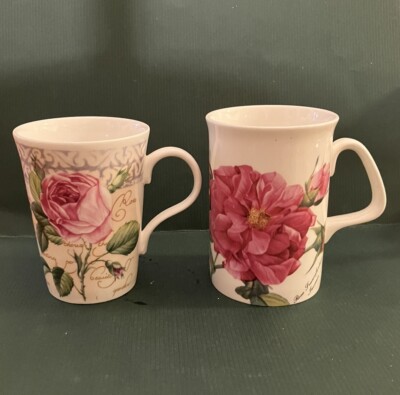 PAIR Floral Mug Camellia Pink Rose Porcelain England Royale Garden Crown Trent