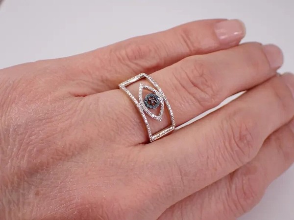 Alternate view of 2.10 Round Cut Real Moissanite Evil Eye Ring 14k Yellow Gold Plated Silver