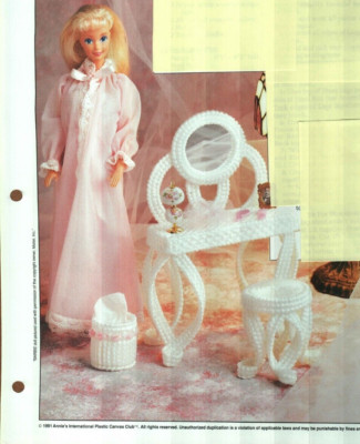 NEW VANITY SET STOOL FASHION DOLL ANNIE'S PLASTIC CANVAS PATTERN INSTRUCTIONS