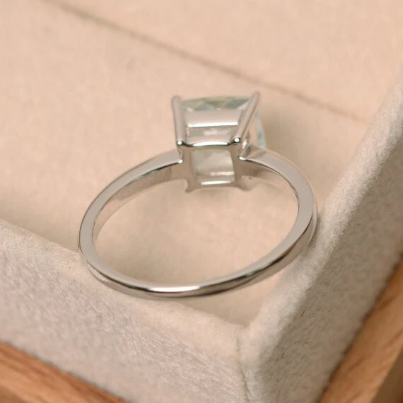 Anillo de compromiso de diamantes y aguamarina real princesa de 1,50 quilates de oro blanco macizo de 14 quilates Foto 4 de 4