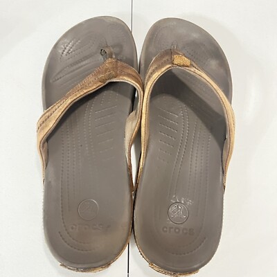 Crocs Yukon Sandals Men's 13 Brown Leather Comfort Flip Flop Thong