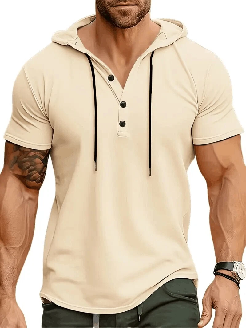 Men's Stretchy Solid Buttons Shirt Short Sleeve Hooded Top with Drawstring cream - Picture 1 of 3