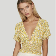 Faithfull The Brand V Neck Floral Blouse Marguerite Smocked Cropped Top Size 6