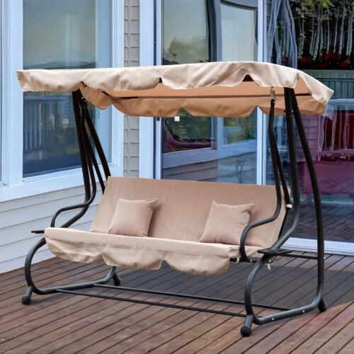 3 Seater Garden Swing Chair 2-in-1 Hammock Bed w/ Tilting Canopy, Light Brown - Afbeelding 1 van 11