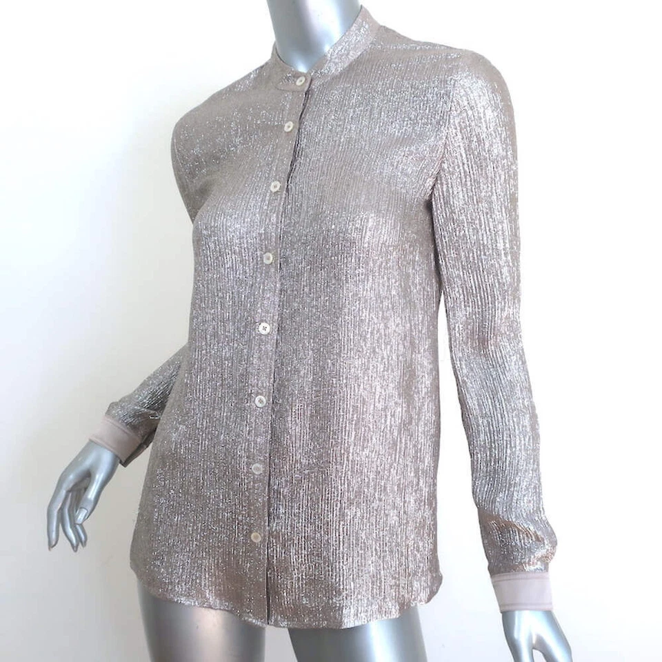 Tory Burch Metallic Button Down Shirt Silver/Taupe Size 0 Long Sleeve Top - Image 3 of 4