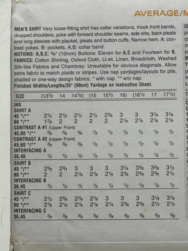 Sewing Pattern Vogue 8919 Men's Shirt Pleats Button Cuffs Sizes 16-1/2- 17-1/2 - Image 3 of 3