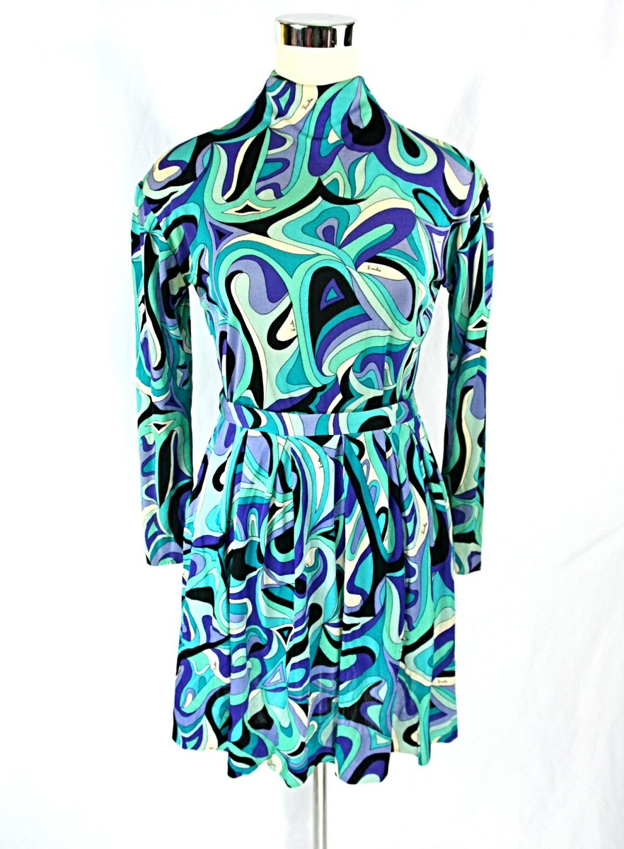 Vintage Emilio Pucci Blue Psychedelic Swirl SILK 2 Pc Mock Neck