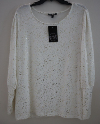Como Black Women's Sz L Vanilla Ice Gold Speckled Long Sleeve Scoop Neck Top