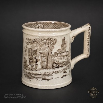 Antiker Staffordshire John Gilpin 3/4 Pint Transferware Becher seltene Größe um 1830-1840