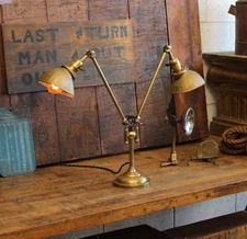 Antique Faries Double Arm Industrial Brass Desk Lamp Light Mercury Glass Shades