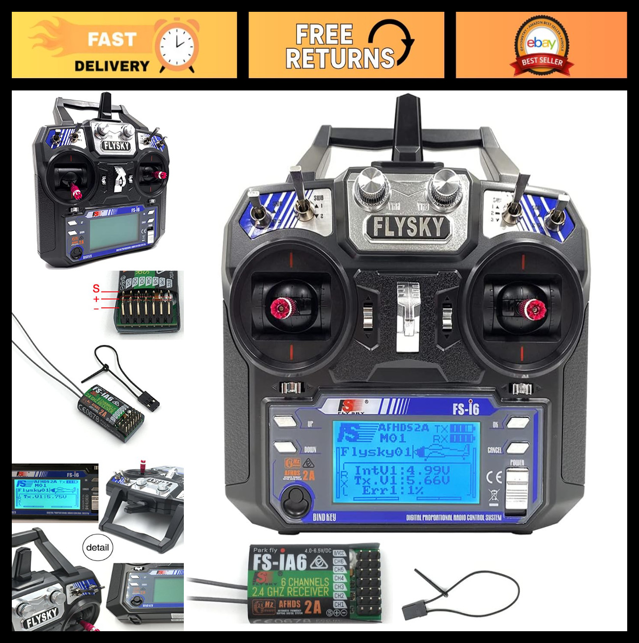 6CH 2.4GHz RC Transmitter Controller w/Receiver for Helicopter Plane Quadcopter