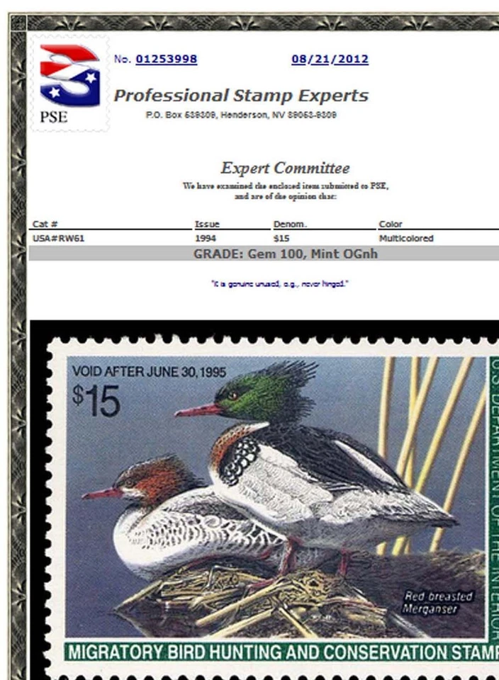 RW61 — 1994 Red breasted merganser, GEM 100 NH, PSE Certificate - Image 2 of 2