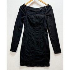 Guess Denim Mini Dress Womens Medium Black Long Sleeve Square Neck Bodycon Goth