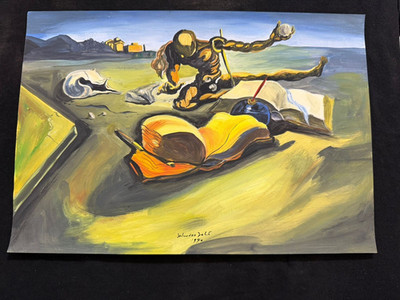 SALVADOR DALI   drawing and painting on old paper signed stamped vintage