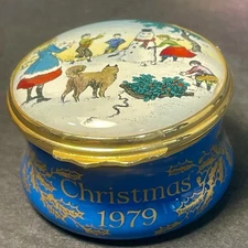 Halcyon Days Enamel Trinket Box Christmas 1979 Children Building a Snowman VTG
