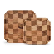 Set of 2 Square Wood Serving Trays Decorative Platters 9.6 in 7.8 in