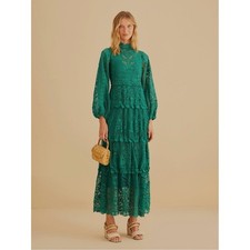NWT Farm Rio Dark Emerald Green Guipure Lace Long Sleeve Maxi Dress Medium New