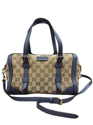 Gucci Small Beige GG Supreme Canvas Blue Leather Trim Boston Bag