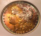1886 $1 NGC MS 63 Morgan Silver Dollar, RAINBOW Toning Bright Blue Red Color
