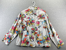 Chicos Size 3 White Abstract Floral Linen Button Front Shirt Jacket Womens