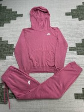 Nike Tracksuit Womens Small Pink Cotton Logo Funnel Neck Hood Sports Athleisure