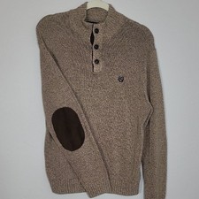 CHAPS Mens 100 Cotton Henley Sweater Size L Brown Mock Neck Elbow Patches Knit