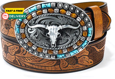Western-Cowboy-Leather-Belts for Women Turquoise-Oval-Buckle Embossed Cowgirl Be
