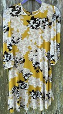 Calvin Klein Mustard Yellow Floral Shift Dress 3/4 Sleeve Stretch Size 12