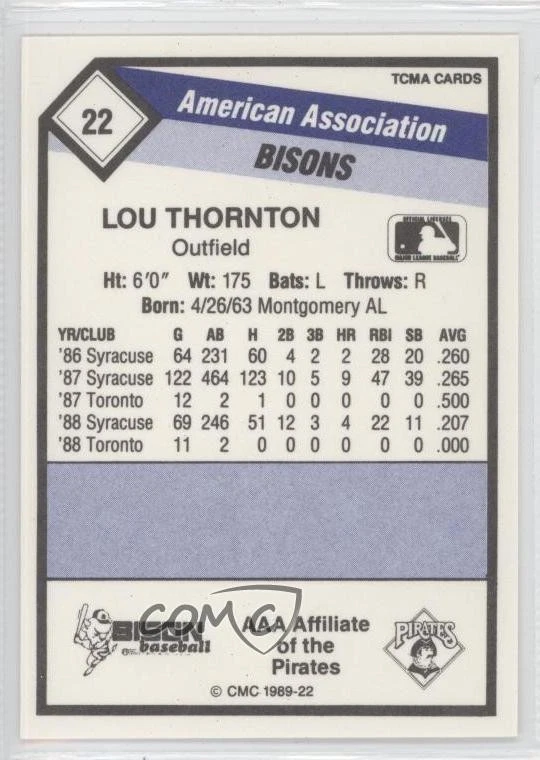 1989 CMC AAA Lou Thornton #1989-22 - Image 2 of 2