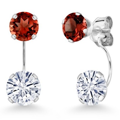 14K White Gold White Moissanite and Garnet Stud Earrings for Women | 2.70 Cttw