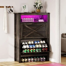 LED Shoe Storage Cabinet Organizer with 2 Flip Drawers for Entryway Shoe Rack