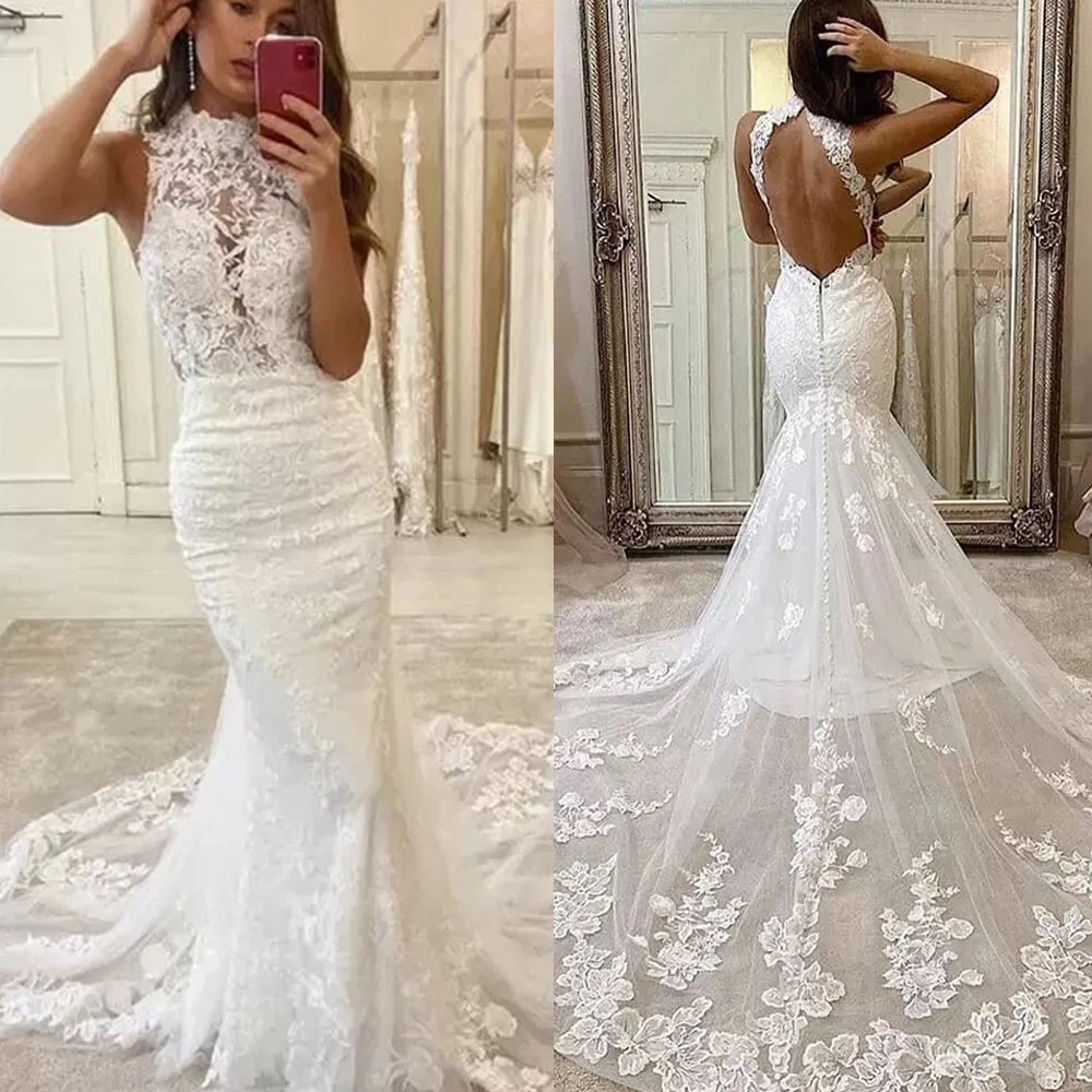 Zapaka Women Ivory Backless Mermaid Wedding Dress with Slit Illusion Long  Sleeves Scoop Neck Bridal Dress – ZAPAKA AU