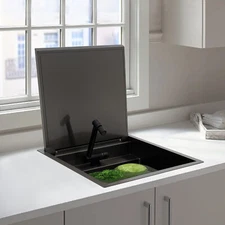 Hidden Kitchen Sink, Single Bowl Sink, Stainless Steel Sink w/ Folding + Faucet