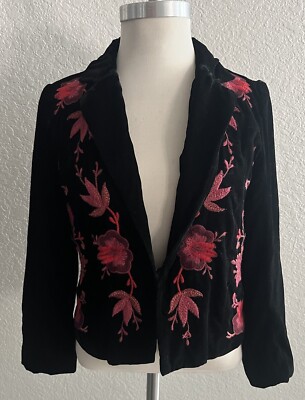 ANTHROPOLOGIE- ETT:TWA Embroidered Black Velvet Blazer Floral Red Sz S