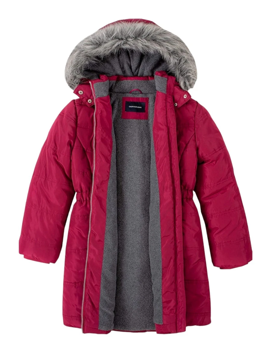 NWT Calvin Klein Girls Pink Puffer Winter Long Jacket Coat W Hood Pinkberry L
