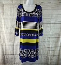 Calvin Klein Womens Dress Sz Medium Blue Yellow Stripes Scoop Neck 3/4 Sleeve