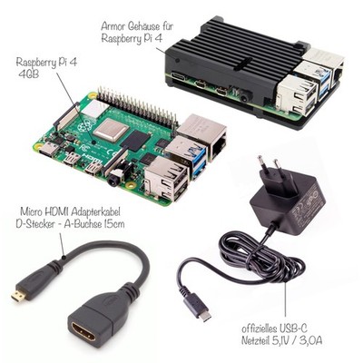 Raspberry Pi 4 4GB Kit / Aluminium Gehäuse / Offizielles Netzteil / HDMI Kabel