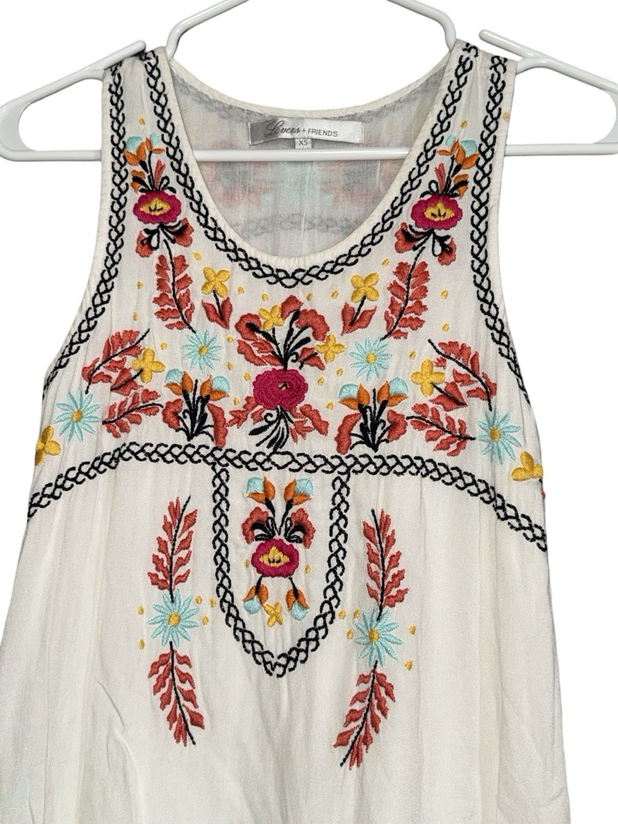 Lovers + Friends Dress XS Boho Baby Doll White Floral Embroidered Drop Waist View 5
